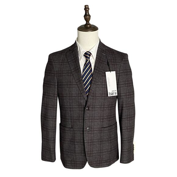 Bar III Men's 36R Slim Fit Sport Coat Stretch Unlined Brown Plaid NEW - Picture 1 of 12